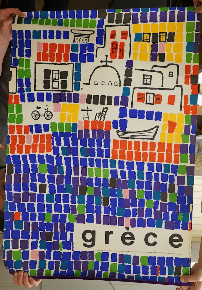 Four 1960s Greece tourism posters published by the National Greek Tourist Office, approximately 98cm x 69cm. Condition fair, some noticeable damage to the side of one